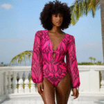 Rose Red Pattern Print Long-sleeved One Piece Swimsuit and Skirt