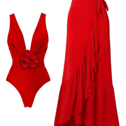 Red One-Piece Swimsuit with Detachable 3D Flower & Skirt