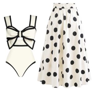 Polka Dot One-Piece Swimsuit with Bow & Skirt