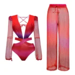 Long Sleeve V Neck Cutout One Piece Swimsuit and Pants