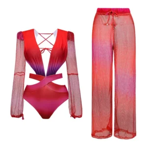 Long Sleeve V Neck Cutout One Piece Swimsuit and Pants