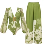 V Neck Long Sleeve Flower Print One Piece Swimsuit and Pants