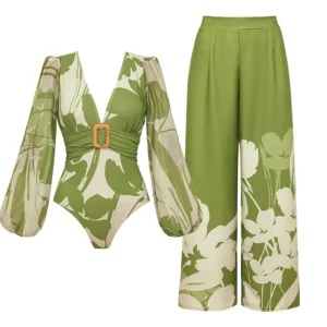 V Neck Long Sleeve Flower Print One Piece Swimsuit and Pants