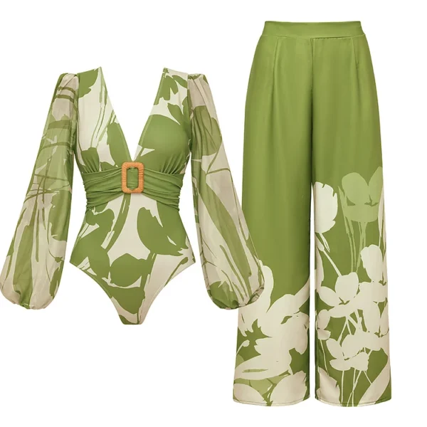 V Neck Long Sleeve Flower Print One Piece Swimsuit and Pants