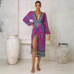 Long-sleeved Peacock Totem Print One Piece Swimsuit and Sarong