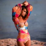 Long Sleeve Shell Chest Pad Printed One Piece Swimsuit and Skirt