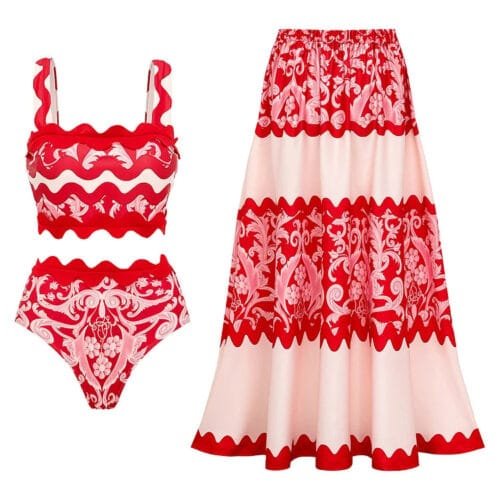Red Wavy Stripe Bikini Set with Matching Skirt