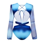 Gradient Blue Deep V Long Sleeve One Piece Swimsuit and Pants