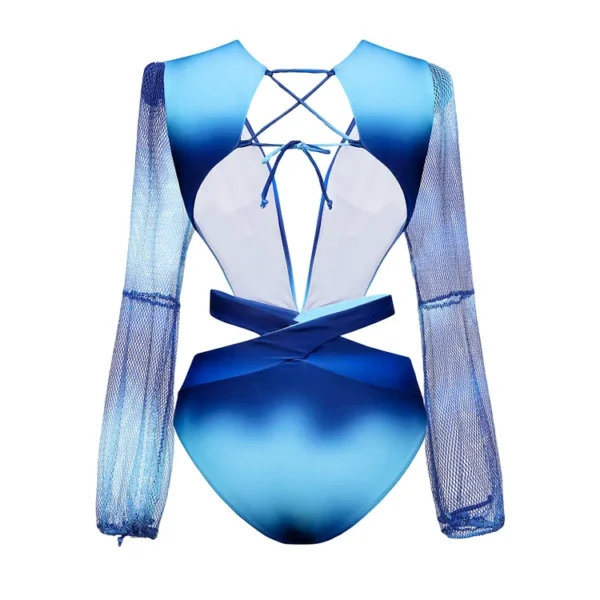 Gradient Blue Deep V Long Sleeve One Piece Swimsuit and Pants