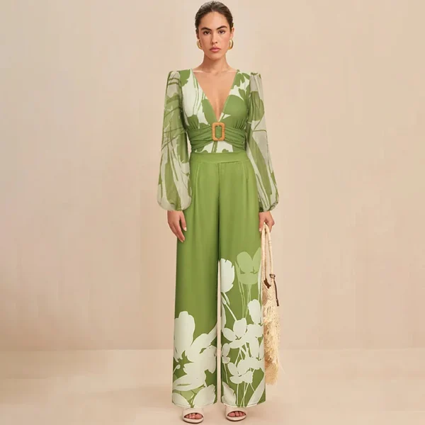 V Neck Long Sleeve Flower Print One Piece Swimsuit and Pants