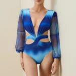 Gradient Blue Deep V Long Sleeve One Piece Swimsuit and Pants