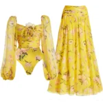 3D Flower Shirring Printed Chiffon Long Sleeves One Piece Swimsuit and Skirt