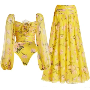 3D Flower Shirring Printed Chiffon Long Sleeves One Piece Swimsuit and Skirt