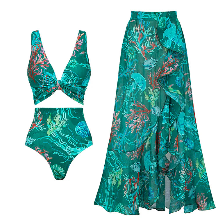Reversible Marine Print Bikini Set with Matching Skirt