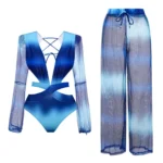 Gradient Blue Deep V Long Sleeve One Piece Swimsuit and Pants