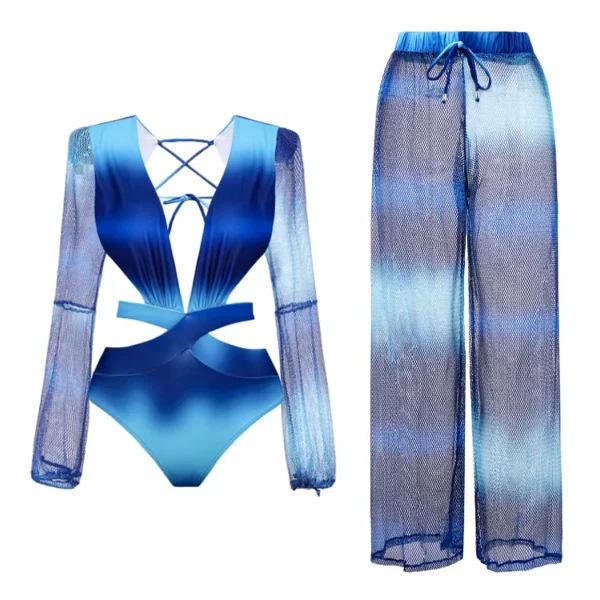 Gradient Blue Deep V Long Sleeve One Piece Swimsuit and Pants