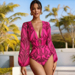 Rose Red Pattern Print Long-sleeved One Piece Swimsuit and Skirt