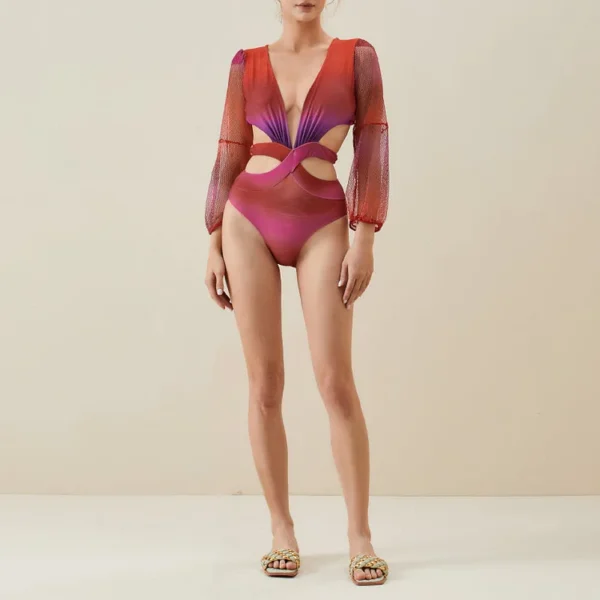 Long Sleeve V Neck Cutout One Piece Swimsuit and Pants