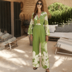V Neck Long Sleeve Flower Print One Piece Swimsuit and Pants