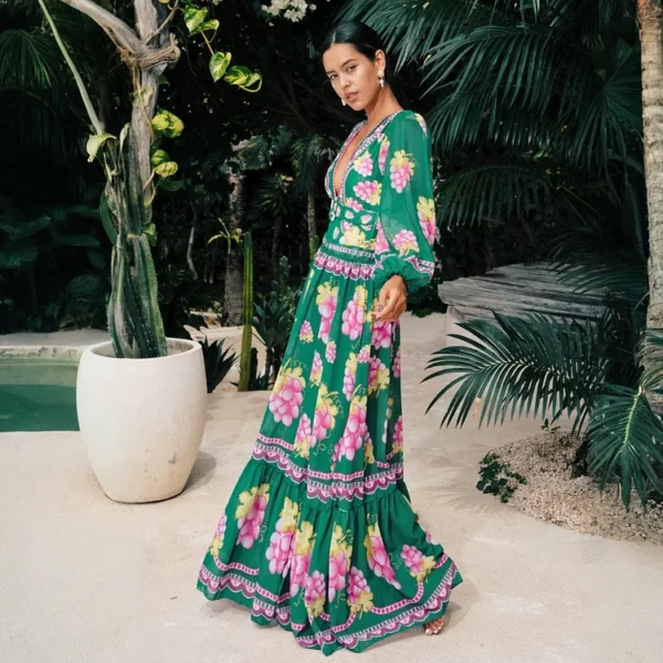 Long-sleeved Retro Green Grapes Print One Piece Swimsuit and Skirt