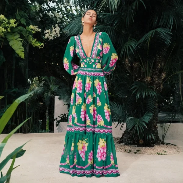 Long-sleeved Retro Green Grapes Print One Piece Swimsuit and Skirt