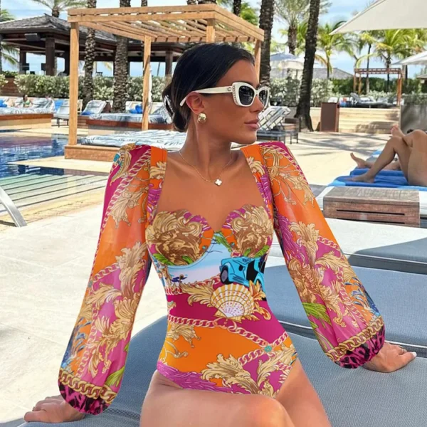 Long Sleeve Shell Chest Pad Printed One Piece Swimsuit and Skirt
