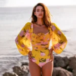 3D Flower Shirring Printed Chiffon Long Sleeves One Piece Swimsuit and Skirt