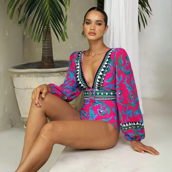 Long-sleeved Peacock Totem Print One Piece Swimsuit and Sarong