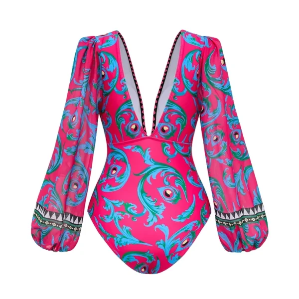 Long-sleeved Peacock Totem Print One Piece Swimsuit and Sarong
