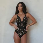Midnight Bloom Hollow-Out Swimsuit with Matching Skirt
