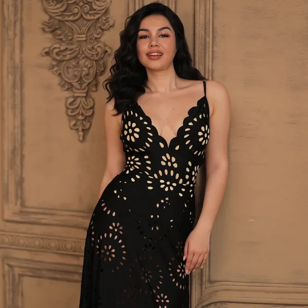 Midnight Bloom Hollow-Out Swimsuit with Matching Skirt