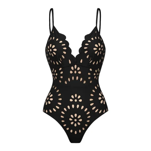 Midnight Bloom Hollow-Out Swimsuit with Matching Skirt