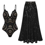 Midnight Bloom Hollow-Out Swimsuit with Matching Skirt