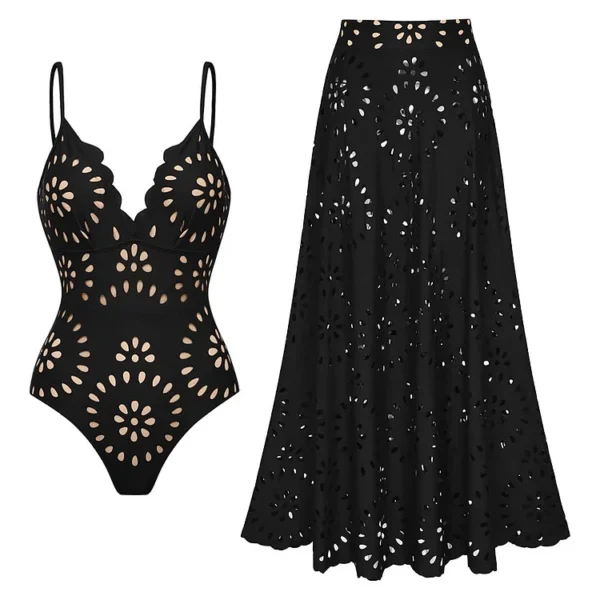Midnight Bloom Hollow-Out Swimsuit with Matching Skirt
