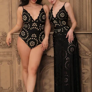 Midnight Bloom Hollow-Out Swimsuit with Matching Skirt