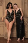 Midnight Bloom Hollow-Out Swimsuit with Matching Skirt