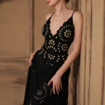 Midnight Bloom Hollow-Out Swimsuit with Matching Skirt
