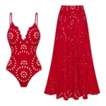 Midnight Bloom Hollow-Out Swimsuit with Matching Skirt
