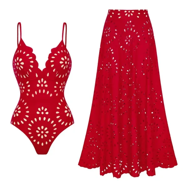 Midnight Bloom Hollow-Out Swimsuit with Matching Skirt