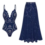Midnight Bloom Hollow-Out Swimsuit with Matching Skirt
