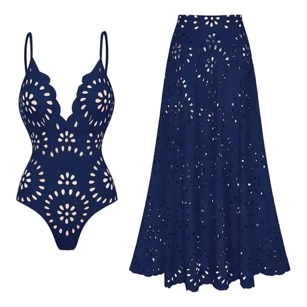 Midnight Bloom Hollow-Out Swimsuit with Matching Skirt